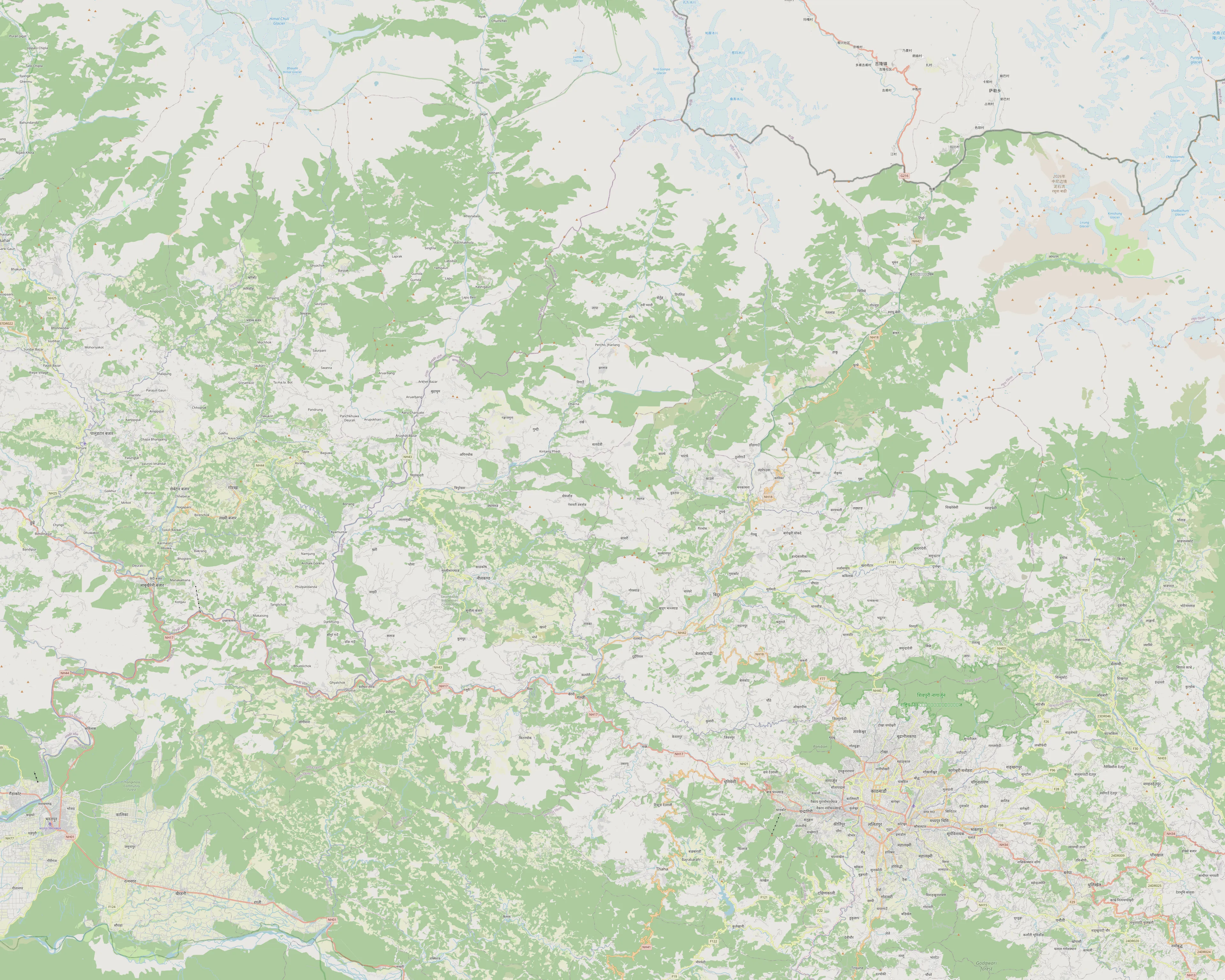 Map of the Bhote Koshi and Trishuli corridor from Gyirong to Chitwan